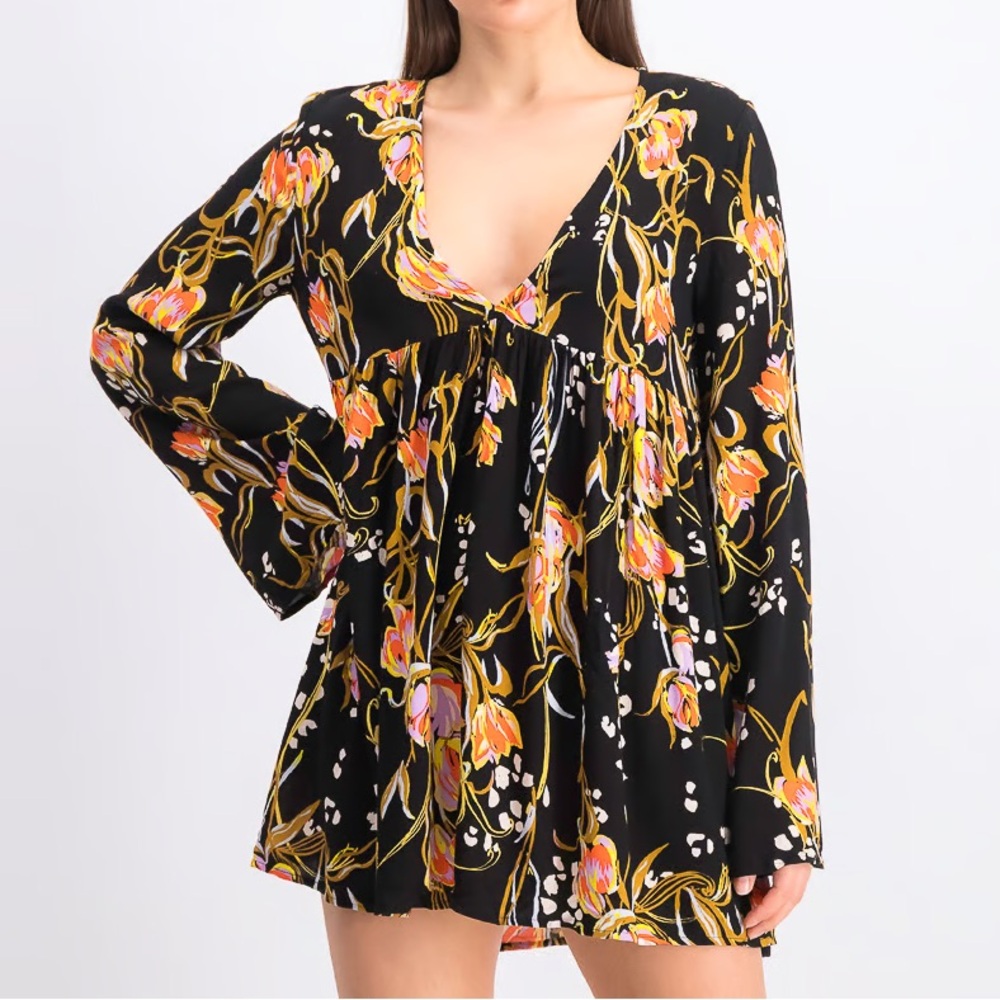 Free People Bella Black Floral V-Neck Tunic with Pink & Yellow Accents